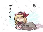  1girl bag blizzard blonde_hair bow capelet dress gomasamune hat hat_bow lily_white long_hair open_mouth shaded_face solo touhou translation_request trembling white_dress 