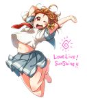  1girl arms_up highres hotechige love_live!_school_idol_project love_live!_sunshine!! navel open_mouth school_uniform serafuku simple_background skirt smile solo takami_chika white_background wink 