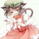  1girl animal_ears blush bowtie brown_eyes brown_hair cat_ears cat_tail chen earrings hat jewelry juliet_sleeves long_sleeves mob_cap multiple_tails nekomata open_mouth petals puffy_sleeves shirt short_hair skirt skirt_set smile solo sumirou-kun tail touhou w white_shirt wind 