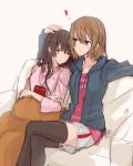  2girls artist_request blue_eyes book brown_hair casual choukai_(kantai_collection) glasses_on_head hair_ornament heart highres kantai_collection maya_(kantai_collection) multiple_girls short_hair sleeping thigh-highs 