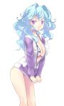  1girl absurdres bikini blue_hair breasts cleavage curly_hair dungeons_&amp;_princess hair_intakes highres jacket_tug large_breasts long_hair looking_at_viewer open_clothes solo striped striped_bikini striped_swimsuit swimsuit takashi_moritaka track_jacket unzipped violet_eyes white_background 