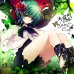  1girl antennae boots bow butterfly cape flower green_eyes green_hair hair_flower hair_ornament long_sleeves looking_at_viewer pants renkarua shirt short_hair signature smile solo text touhou wriggle_nightbug 