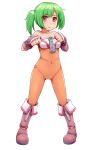  1girl bare_shoulders boots covered_navel full_body green_hair hasu_(hk_works) looking_at_viewer original red_eyes short_hair short_twintails simple_background solo standing twintails white_background 
