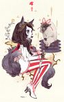  1girl animal_ears ascot blue_eyes bow braid brown_hair eye_contact hair_ribbon high_heels knife leggings looking_at_another original plate ribbon roro_(roro_ox) sheep single_glove solo squatting striped tail vertical_stripes wolf_ears wolf_girl wolf_tail 