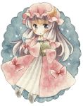  1girl :&lt; bonnet book bow dress kagome_f long_hair looking_at_viewer patchouli_knowledge solo star touhou traditional_media watercolor_(medium) 