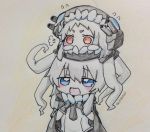  2girls black_gloves blue_eyes commentary_request flying_sweatdrops gloves hair_between_eyes jakoo21 kantai_collection long_hair mittens multiple_girls northern_ocean_hime open_mouth red_eyes sweatdrop twitter_username white_hair wo-class_aircraft_carrier 