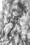  1girl artist_name bare_legs barefoot cirno dress greyscale hair_ribbon hand_on_hip highres looking_at_viewer monochrome nagayo puffy_short_sleeves puffy_sleeves ribbon rock short_hair short_sleeves sitting smile solo touhou wings 