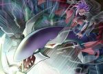  1boy black_hair cloak dark_rebellion_xyz_dragon dragon duel_monster lightning multicolored_hair necktie open_mouth purple_hair riding solo tmk wrist_cuffs yuto_(yuu-gi-ou_arc-v) yuu-gi-ou yuu-gi-ou_arc-v 