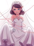  1girl bare_shoulders black_hair blue_eyes bridal_veil bride curtsey dress elbow_gloves gloves happy kelly_kao kill_la_kill life_fiber matoi_ryuuko multicolored_hair red_string short_hair small_breasts smile solo strapless_dress streaked_hair string tiara veil wedding_dress white_dress 