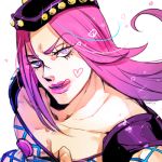  1boy blue_eyes catsizuru hat jojo_no_kimyou_na_bouken licking_lips lipstick long_hair lowres makeup narciso_anasui pink_hair purple_hair purple_lipstick solo 