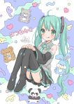  1girl :q ahoge aqua_eyes aqua_hair bangs clouds cloudy_sky collared_shirt confetti dated detached_sleeves hatsune_miku heart looking_at_viewer mnmktn necktie signature skirt sky solo stuffed_animal stuffed_bunny stuffed_cat stuffed_panda stuffed_toy tattoo teddy_bear tongue tongue_out twintails vocaloid 
