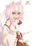  1girl animal_ears dated detached_sleeves drawing_sword hakuro109 inubashiri_momiji looking_at_viewer messy_hair sheath sheathed short_hair simple_background skirt solo sword tail touhou violet_eyes weapon white_background white_hair wolf_ears wolf_tail 