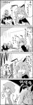  3girls 4koma ? antennae ascot bow cape chair chibi_on_head closed_eyes comic commentary cookie cup fairy_wings flower food hair_bow hair_tubes hakurei_reimu highres kazami_yuuka leg_grab lily_white medicine_melancholy minigirl monochrome multiple_girls open_clothes open_mouth open_vest plate shirt sitting skirt skirt_set smile spoken_question_mark sunflower table tani_takeshi teacup teapot tears touhou translated trembling upside-down vest wings wriggle_nightbug yukkuri_shiteitte_ne |_| 