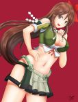  1girl :d amagi_(kantai_collection) artist_name breasts brown_eyes brown_hair chiyo_goya cleavage cleavage_cutout cowboy_shot crop_top dated flower green_skirt hair_flower hair_ornament hand_on_hip highres kantai_collection large_breasts long_hair looking_at_viewer midriff navel open_mouth pleated_skirt red_background signature simple_background skirt smile solo 