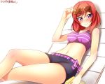  1girl blush bow breasts dated highres looking_at_viewer love_live!_school_idol_project midriff navel nishikino_maki redhead short_hair sitting smile solo sunglasses sunglasses_on_head thighs violet_eyes yu-ta 