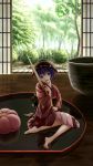  1girl barefoot bowl cup dress dtvisu floral_print forest hat highres japanese_clothes kimono long_sleeves minigirl nature needle obi open_clothes open_dress open_mouth purple_hair sash sitting smile solo sukuna_shinmyoumaru table teacup touhou violet_eyes wide_sleeves 