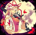  1girl amber_eyes blonde_hair butterfly butterfly_hair_ornament closed_fan dress fan folding_fan full_body gap hair_ornament hair_ribbon hat hat_ribbon ichizen_(o_tori) long_hair looking_at_viewer mob_cap ribbon solo tabard touhou tress_ribbon very_long_hair white_dress yakumo_yukari 