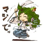 1girl chibi closed_eyes detached_sleeves frog frog_hair_ornament gohei green_hair hair_ornament kochiya_sanae long_hair nenenoa open_mouth skirt smile snake snake_hair_ornament solo touhou