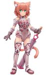  1girl animal_ears armor bare_shoulders black_gloves cat_ears cat_tail covered_navel full_body gloves green_eyes hasu_(hk_works) original redhead short_hair simple_background smile solo standing sword tail weapon white_background 