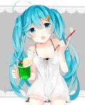  1girl :o ahoge bangs blue_eyes blue_hair bra cherry commentary_request cream cream_on_face cup dress food fruit hair_ornament hatsune_miku highres icing kumahara long_hair mug nail_polish soda solo strap_slip toothbrush twintails underwear vocaloid 