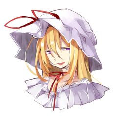  1girl akagashi_hagane blonde_hair bow choker colored_eyelashes frills hat hat_bow lips long_hair lowres mob_cap portrait ribbon_choker simple_background smile solo touhou violet_eyes white_background yakumo_yukari 