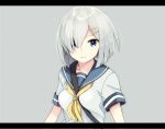  1girl blue_eyes grey_background hair_ornament hair_over_one_eye hairclip hamakaze_(kantai_collection) highres kairi0219 kantai_collection letterboxed looking_at_viewer school_uniform serafuku short_hair silver_hair simple_background smile solo 