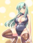  1girl aqua_eyes aqua_hair breasts brown_legwear cleavage cleavage_cutout competition_swimsuit easily front_zipper_swimsuit hair_ornament hairclip highres kantai_collection large_breasts lips long_hair one-piece_swimsuit smile solo squatting suzuya_(kantai_collection) swimsuit thigh-highs unzipped 