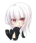  1girl black_gloves blush chibi glasses gloves hand_on_own_chest hatsumi_nekuta heidimarie_w_schnaufer long_hair long_sleeves military military_uniform necktie open_mouth panties pink_eyes simple_background smile solo strike_witches underwear uniform white_background white_hair white_panties 