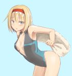  1girl alice_margatroid arched_back blonde_hair blush breasts cleavage front_zipper_swimsuit hairband highres leaning_forward looking_back m92fs short_hair simple_background solo touhou towel unzipped 
