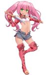  1girl :q collar cross-laced_footwear detached_sleeves full_body green_eyes hasu_(hk_works) looking_at_viewer midriff navel original pink_hair pink_legwear shorts simple_background solo standing_on_one_leg thigh-highs tongue tongue_out twintails unzipped white_background 