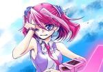 1girl blue_eyes bracelet card duel_disk hiiragi_yuzu jewelry multicolored_hair necktie one_eye_closed pink_hair sasato short_twintails solo tears twintails two-tone_hair yuu-gi-ou yuu-gi-ou_arc-v 