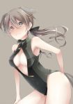  1girl blush breasts brown_eyes brown_hair cleavage front_zipper_swimsuit gertrud_barkhorn hatsumi_nekuta long_hair one-piece_swimsuit solo strike_witches swimsuit twintails unzipped zipper 