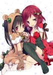  2girls animal_costume bangs bear_costume between_breasts black_hair bow bunny_tail detached_sleeves fur_trim hair_bow hand_to_own_mouth highres looking_at_viewer loose_socks love_live!_school_idol_project multiple_girls nail_polish nishikino_maki pom_pom_(clothes) red_eyes red_nails redhead ribbon rugo short_hair sitting socks star starry_background tail thigh-highs twintails violet_eyes yazawa_nico 