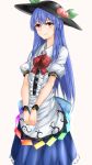  1girl blue_hair bow chain chained commentary_request cuffs food fruit hat highres hinanawi_tenshi lock long_hair momo_retasu padlock peach puffy_short_sleeves puffy_sleeves red_eyes shackles shirt short_sleeves skirt solo touhou v_arms very_long_hair 