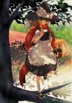  1girl a+1 apron blonde_hair bow braid branch dappled_sunlight dress_shirt full_body hair_bow hat hat_bow highres house in_tree kirisame_marisa leg_up long_hair looking_at_viewer mary_janes outdoors puffy_short_sleeves puffy_sleeves red_eyes red_scarf scarf shadow shirt shoes short_sleeves smile socks standing_on_one_leg touhou tree w white_shirt witch_hat 