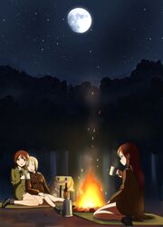  3girls backpack bag blanket blonde_hair blush brown_eyes brown_hair campfire camping cup dark erica_hartmann fire gertrud_barkhorn head_on_shoulder highres holding kaneko_(novram58) kettle long_hair mess_kit minna-dietlinde_wilcke moon multiple_girls neck_ribbon night night_sky open_mouth redhead ribbon short_hair sitting sky sleeping smile star_(sky) starry_sky strike_witches tree twintails uniform wariza wine_bottle 