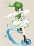  1girl alphes_(style) bow dress green_eyes green_hair heavenly_gathering_of_clouds highres long_hair mayle_aquapony open_mouth original outstretched_arms parody ponytail refle smile solo style_parody touhou 