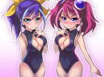  2girls blue_eyes blue_hair blush bow breasts cleavage covered_navel green_eyes hair_bow hiiragi_yuzu kohatsuka multicolored_hair multiple_girls pink_hair ponytail serena_(yuu-gi-ou_arc-v) short_twintails swimsuit twintails two-tone_hair wavy_mouth yuu-gi-ou yuu-gi-ou_arc-v zipper 