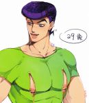  1boy black_hair catsizuru higashikata_jousuke jojo_no_kimyou_na_bouken nipples pompadour purple_hair solo t-shirt violet_eyes zipper 
