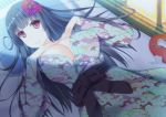  1girl black_hair breasts cleavage cup flower hair_flower hair_ornament huge_breasts japanese_clothes long_hair looking_at_viewer lying on_back original red_eyes smile solo spilled takumi1006 tray 
