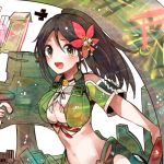  1girl amagi_(kantai_collection) banner breasts brown_eyes brown_hair flower hair_flower hair_ornament itomugi-kun kantai_collection long_hair machinery midriff mole open_mouth ponytail smile solo 