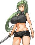  1girl bike_shorts blush breasts green_hair large_breasts long_hair navel original sachito simple_background solo sumi-chan_(sachito) sweat sword weapon white_background yellow_eyes 