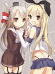  2girls amatsukaze_(kantai_collection) blonde_hair dotted_line elbow_gloves gloves holding_hands interlocked_fingers kantai_collection long_hair looking_at_viewer looking_back multiple_girls nunucco open_mouth shimakaze_(kantai_collection) simple_background skirt smile thigh-highs very_long_hair 