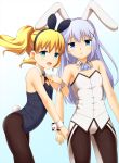  2girls alice_cartelet animal_ears blonde_hair blue_eyes bunny_tail bunnysuit detached_collar gochuumon_wa_usagi_desu_ka? highres kafuu_chino kin-iro_mosaic long_hair multiple_girls pantyhose purple_hair rabbit_ears short_hair tail tarokennsann twintails wrist_cuffs 