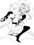  1boy boots gloves hair_over_one_eye katana long_hair male_focus mismatched_gloves mismatched_legwear monochrome open_mouth ponytail shishiou simple_background sketch solo sword thigh-highs thigh_boots touken_ranbu weapon white_background zuwai_kani 