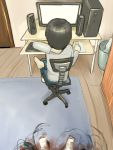  1boy computer desk from_behind hand_behind_head indoors monster_girl okahi original wooden_floor 