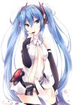  1girl blue_eyes blue_hair bridal_gauntlets center_opening hatsune_miku headset hiiragi_yashiro long_hair miku_append necktie solo thigh-highs twintails very_long_hair vocaloid vocaloid_append white_background 