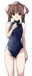  1girl blue_swimsuit brown_eyes brown_hair flat_chest front_zipper_swimsuit hair_ribbon hand_on_own_chest hat himekaidou_hatate kamukamu_(ars) long_hair looking_at_viewer ribbon solo swimsuit tokin_hat touhou twintails 