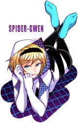  1girl blonde_hair blue_eyes female gwen_stacy headband hoodie lips marvel solo spider-man_(series) spider-woman 