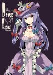  1girl adapted_costume bow breasts cleavage collarbone crescent_hair_ornament flower hair_bow hair_ornament hat hat_flower long_hair patchouli_knowledge purple_hair solo touhou violet_eyes yoshinaga_p 